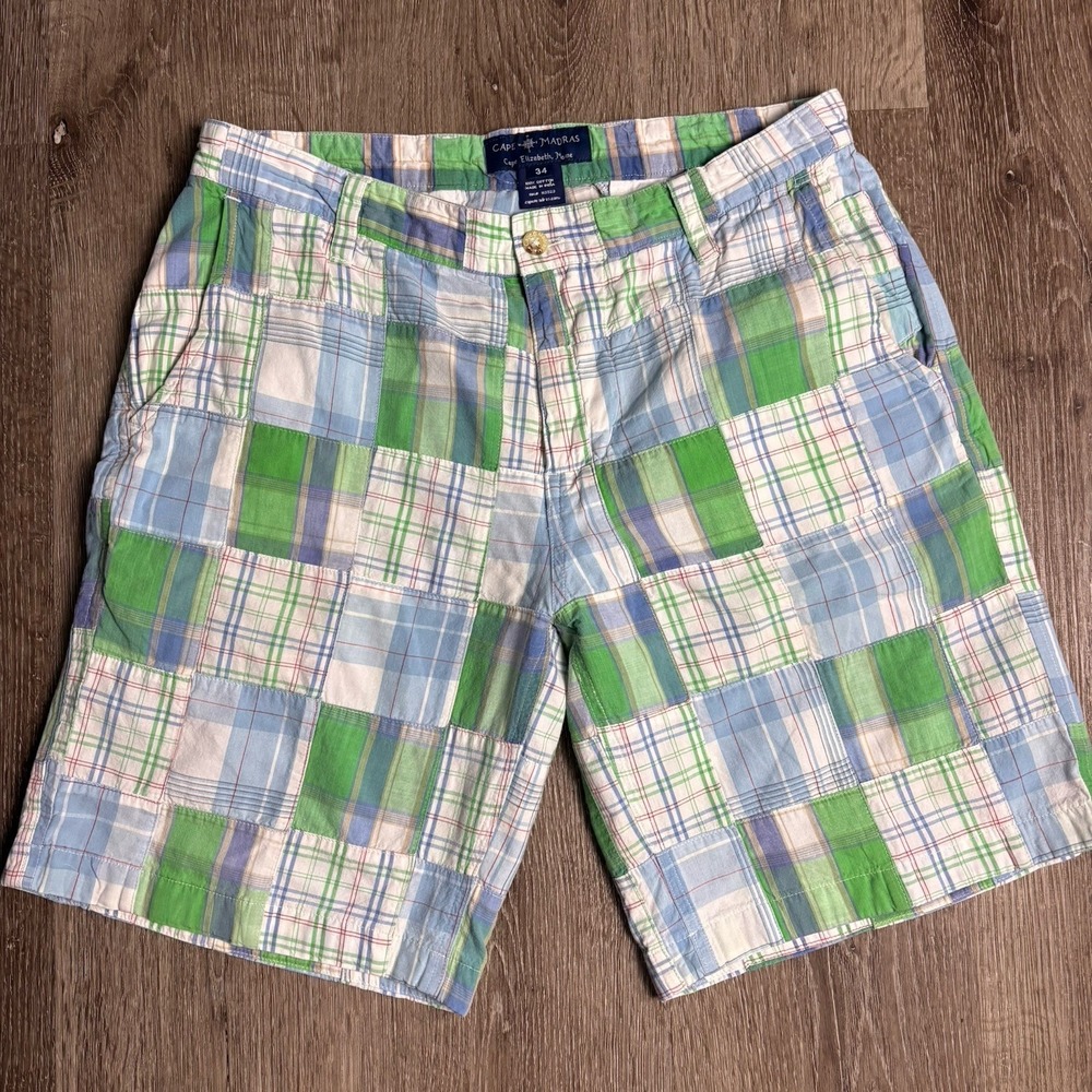 Cape Madras 9"Shorts Mens 34 (33)‎ Multi Color Patchwork Plaid Cotton Casual